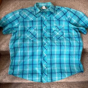Wrangler Mens 2XL Short Sleeve Shirt Teal Plaid Pearl Snap Work Cowboy Country